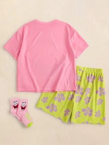 SpongeBob SquarePants | SHEIN Tween Boy Cartoon Print Short Sleeve Top And Shorts Loungewear Set - Multicolor - View 2
