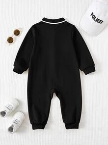 SHEIN 新生兒男嬰/女嬰秋冬款可愛卡通圖案 Polo 領長袖連身衣 - 黑色 - 查看 2