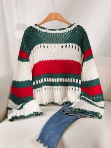 CosyJoli Plus Size Colorblock Striped Hollow Knit Sweater Winter - Multicolor - View 2