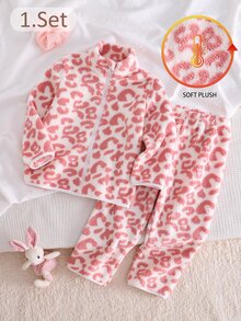 2pcs/Set Young Girls Pajamas, Pink Leopard Print Long Sleeve Long Pants Casual Minimalist Zipper Fleece Pajama Set, Loungewear Autumn Winter - Pink - View 1
