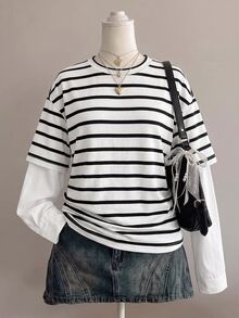 SHEIN 青少年女孩 2 合 1 黑色拼接條紋圓領寬鬆長袖 T 恤 春秋冬新款 返校休閒款 - 黑與白 - 查看 3