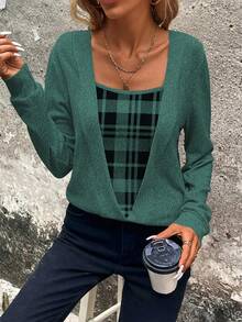 Balvessa Women's Plaid Patchwork Casual Daily Long Sleeve Sweatshirt - Teal Blue - View 5