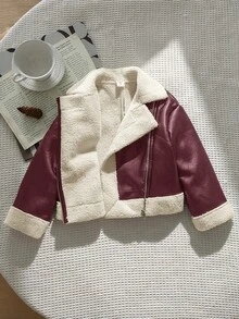 Emery Rose Kids Emery Rose Kids 女童拼色時尚拉鍊翻領PU材質秋冬夾克 - 酒紅色 - 查看 5