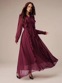 BELROSIE Fall Burgundy Solid Color Chiffon V-Neck Dress With Tie Scarf, Bowknot Strap Decor, French Romantic Style, Ruffle Trim, Elegant Party Dinner Women - Red Violet - View 5