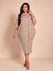 Brilight Houndstooth Print Shirt DressFront Back Twist Knot Loose Midi Dress For Vacation Brunch Casual Stree - Brown - View 9