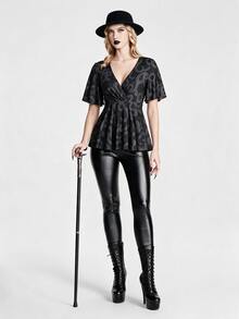 Breakform Women's Summer Gothic Dark Style Snake Print Knit Fabric V-Neck Ruffle Sleeve Short Sleeve Solid Color Cross Wrap Casual Hem T-Shirt - Multicolor - View 4
