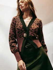 SHEIN Women's Leopard Print Metal Single Button Long Sleeve Knit Cardigan - Multicolor - View 10