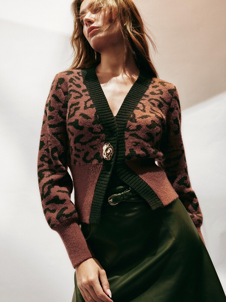 SHEIN 女款豹紋金屬單鈕扣長袖針織開襟衫 - 彩色 - 查看 10