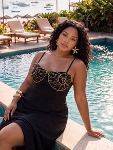 CAJUNI Plus Size Vacation Fashion Embroidered Spaghetti Strap Dress - Black - View 5