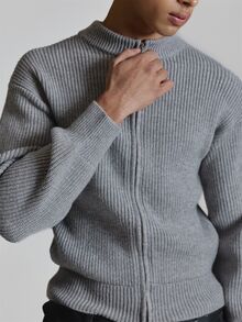 Musero Oversized Drop Shoulder Ribbed Brushed Mohair Zip Through Cardigan Zipper Opening Ribbed Hemline Autum Winter Essentials - Grey - View 6