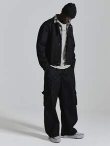 Musero Barrel Leg Cotton Trousers Side Front Cargo Pockets Front Pleated Co Ord Trosuers Only Autum Winter Essentials - Black - View 1