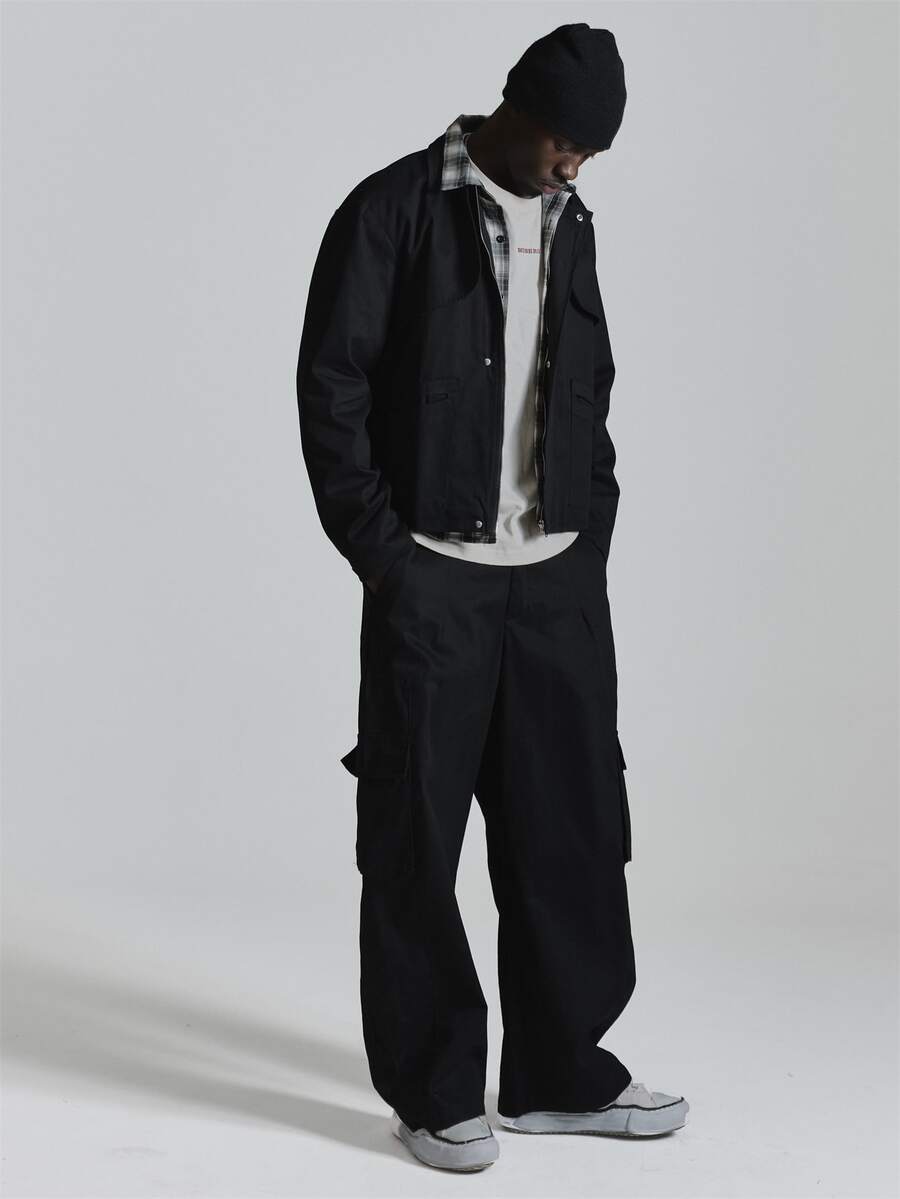 Musero Barrel Leg Cotton Trousers Side Front Cargo Pockets Front Pleated Co Ord Trosuers Only Autum Winter Essentials - Black - View 1