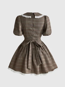 Sweetness Autumn/Winter Kawaii Vintage Plaid Peter Pan Collar Full Skirt Mini Dress For Women - Coffee Brown - View 2