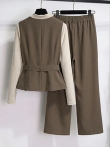 GlowEve CURVE Plus Size Autumn/Winter Elegant Casual Jacket & Straight Leg Pants 2 Pieces Set - Mocha Brown - View 2