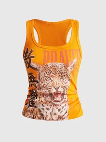 ROMWE Avant Women's Vintage New Chinese Style Leopard Print Chinese & English Graphic All-Match Versatile Tank Top - Orange - View 1