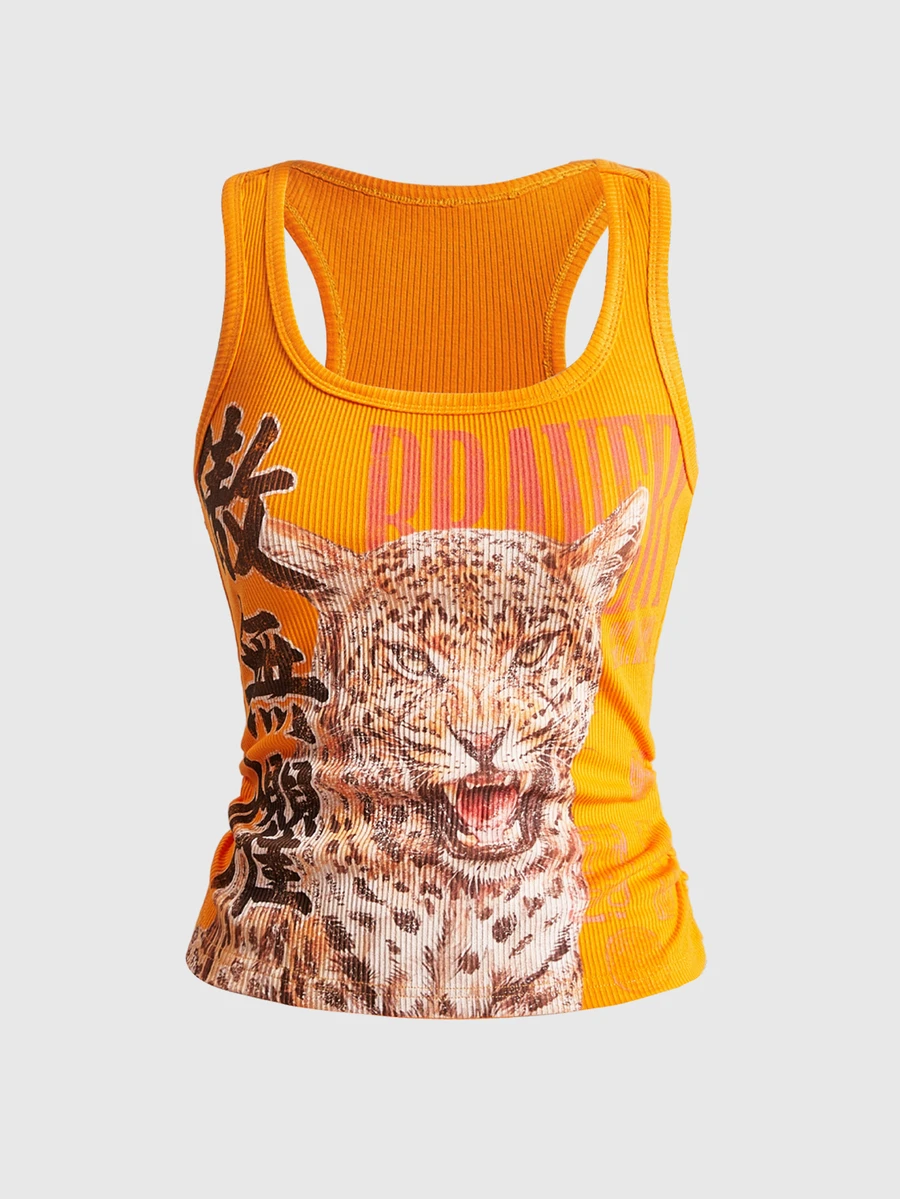 ROMWE Avant Women's Vintage New Chinese Style Leopard Print Chinese & English Graphic All-Match Versatile Tank Top - Orange - View 1