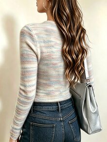 SHEIN Women's Plus Size Colorful Gradient Striped Soft Fuzzy Knit Long Sleeve T-Shirt, Slim Fit Crew Neck Base Layer Top, Daily Inner Wear, Fleece Fabric - Multicolor - View 2
