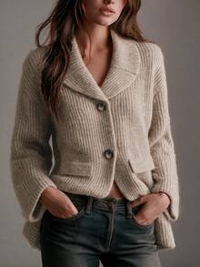 SHEIN Fall Winter Lapel Collar Button Front Knit Cardigan, Casual Loose Outerwear With Pockets - Camel - View 5