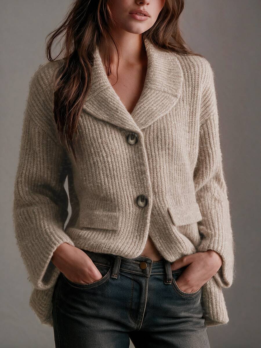 SHEIN Fall Winter Lapel Collar Button Front Knit Cardigan, Casual Loose Outerwear With Pockets - Camel - View 1