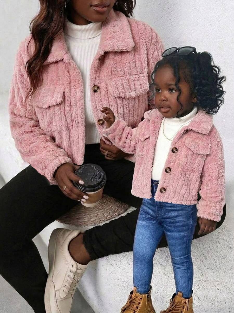 Baby Girl Pink Ribbed Fuzzy Thick Warm Turn-Down Collar Short Jacket, Pocket Decor, Suitable For Autumn/Winter Outdoor Wear - Pink - View 1