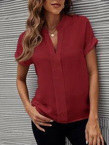 SHEIN Clasi Summer Casual Solid Color Notch Collar Shirt - Burgundy - View 6