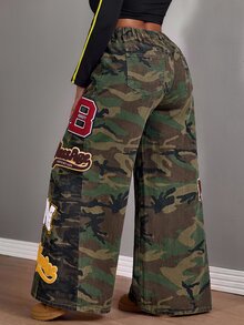 Slaydiva Plus Size Women Non-Stretch Denim Jeans Camouflage Print Design American Street Style Straight Leg Wide Leg Pants Cowboy Outfits For Women - Multicolor - View 2