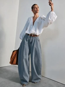Hauture 女款低腰寬鬆桶形牛仔褲 性感辦公穿搭 - 淺藍色 - 查看 1