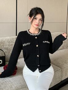 Modelyn Women's Faux Pearl Decorated Long Sleeve Single-Breasted Casual Knit Cardigan - Black - View 3