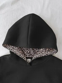 SHEIN 青少年女孩豹紋英文字母寬鬆休閒運動衫 - 黑色 - 查看 7