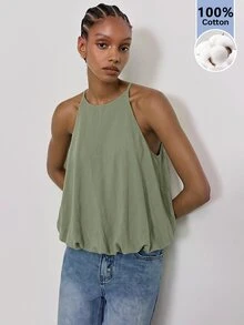 Maija Women's Korean Style Fashion Solid Color Pleated Top For Vacation - Army Green - View 3