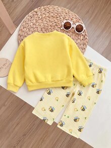 SHEIN 2pcs Baby Girl Floral Pattern Knit Soft Crew Neck Long Sleeve Sweatshirt And Long Autumn Pants Set - Yellow - View 2
