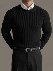 DAZY Sweater Pria Lengan Panjang Ketat Kerah Tinggi Warna Hitam Musim Gugur/Dingin - Hitam - View 5