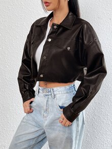 SHEIN EZwear 深褐色PU皮革長袖夾克，女款秋季服飾，2026夜晚外出穿搭，性感頹廢風 - 巧克力棕 - 查看 4