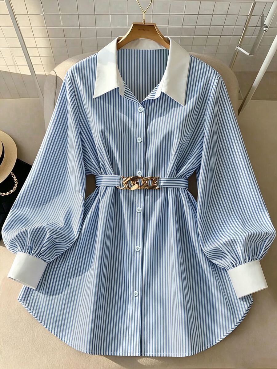 GlowEve CURVE Plus Size Long Sleeve Striped Print Tie Front Shirt - Blue - View 1