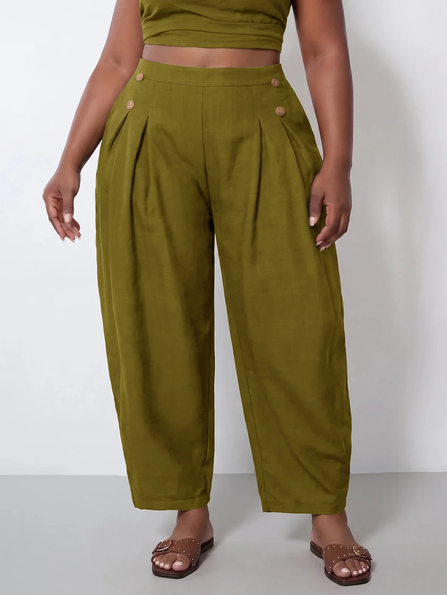 Zivah 2026 Spring/Summer Women's Plus Size New Bold, Classy Feminine Style Tummy Control Fit Breathable Lightweight Elegant Romantic Classic Brown Button Cuffed Pants - Green - View 1