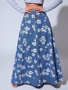 SHEIN SXY 女款花卉印花鈕扣前襟休閒牛仔裙 - 中等水洗藍 - 查看 3