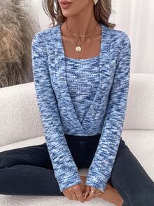 Editum Women's Elegant Pink Waffle Pattern Square Neck Sports Pullover Sweatshirt In Fall/Winter - Blue - View 4