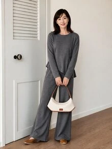 Yumoku 女款秋季休閒長袖上衣與長褲兩件套 秋季女裝 冬季女裝套裝 - 深灰色 - 查看 5