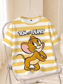 TOM & JERRY X SHEIN 大尺碼卡通印花條紋圓領T恤 - 白色 - 查看 1