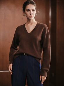 Anewsta Autumn/Winter Maillard Color Palette Multi-Color Dark Brown Sweater Women's Minimalist Slouchy Pullover Knit Top - Brown - View 6