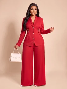 Brilight V Metal Decor Waist Slim Jacket High Waist Wide Leg Pants For Wedding Guest Office Business Party - Red - View 3