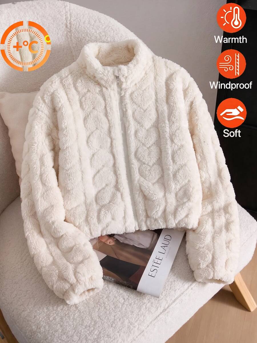 SHEIN Sparklyn 青少年女孩愛心毛絨可愛舒適拉鍊長袖外套,適合外出穿著 - 白色 - 查看 1