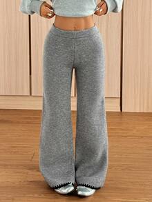 SHEIN EZwear Women's Solid Color Elastic Waist Casual Flared Knit Long Pants - Grey - View 3