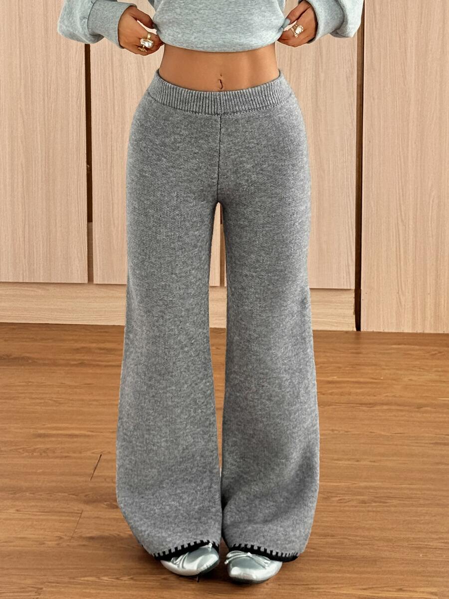SHEIN EZwear 女款素色彈性腰休閒喇叭針織長褲 - 灰色 - 查看 1