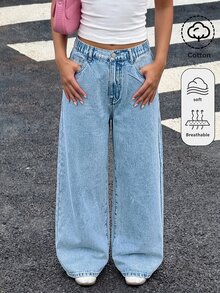SHEIN 青少年女孩淺藍色牛仔寬腿鬆款長褲 2026秋冬可愛Y2K百搭款 萬聖節新年穿搭 - 藍色 - 查看 3