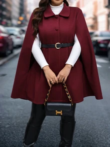 Reflora Plus Size Elegant Cape Sleeve Overcoat, Autumn/Winter - Burgundy - View 1