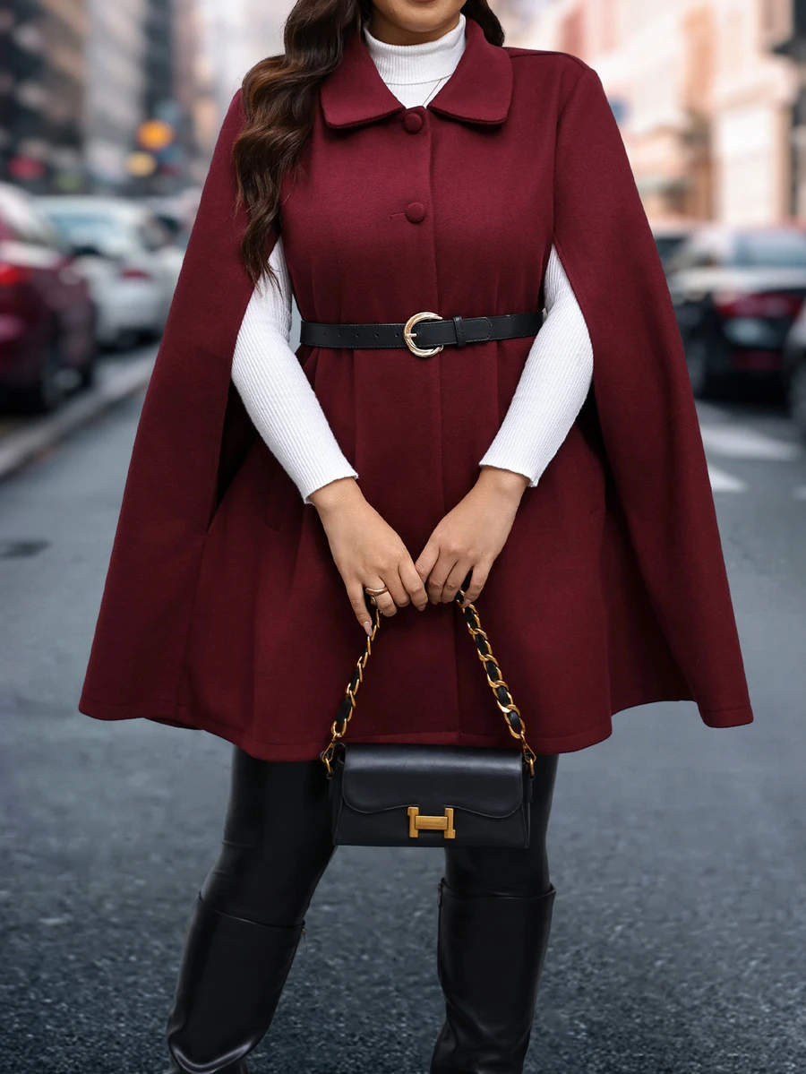 Reflora Plus Size Elegant Cape Sleeve Overcoat, Autumn/Winter - Burgundy - View 1