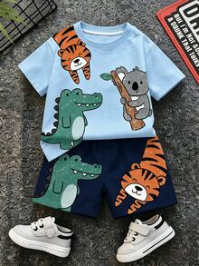 Baby Boy Casual Minimalist Cartoon Animal Print T-Shirt And Shorts Set, Suitable For Summer - Multicolor - View 2