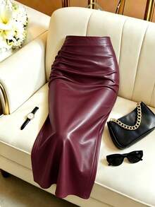 GlowEve CURVE Women's Fashion Elegant Elastic Waist Hidden Zipper Ruched Bodycon Slit Skirt, Suitable For Daily Commute, Dating And Party Wear Fall - Red - View 1