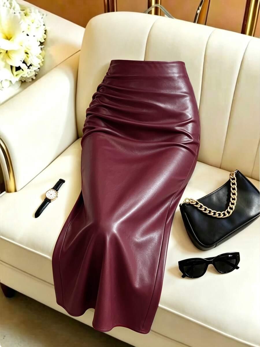 GlowEve CURVE Women's Fashion Elegant Elastic Waist Hidden Zipper Ruched Bodycon Slit Skirt, Suitable For Daily Commute, Dating And Party Wear Fall - Red - View 1